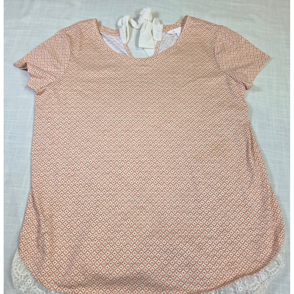 LC Lauren Conrad Orange Floral Lace Trim Tie Back Short Sleeve Top Cottage Large